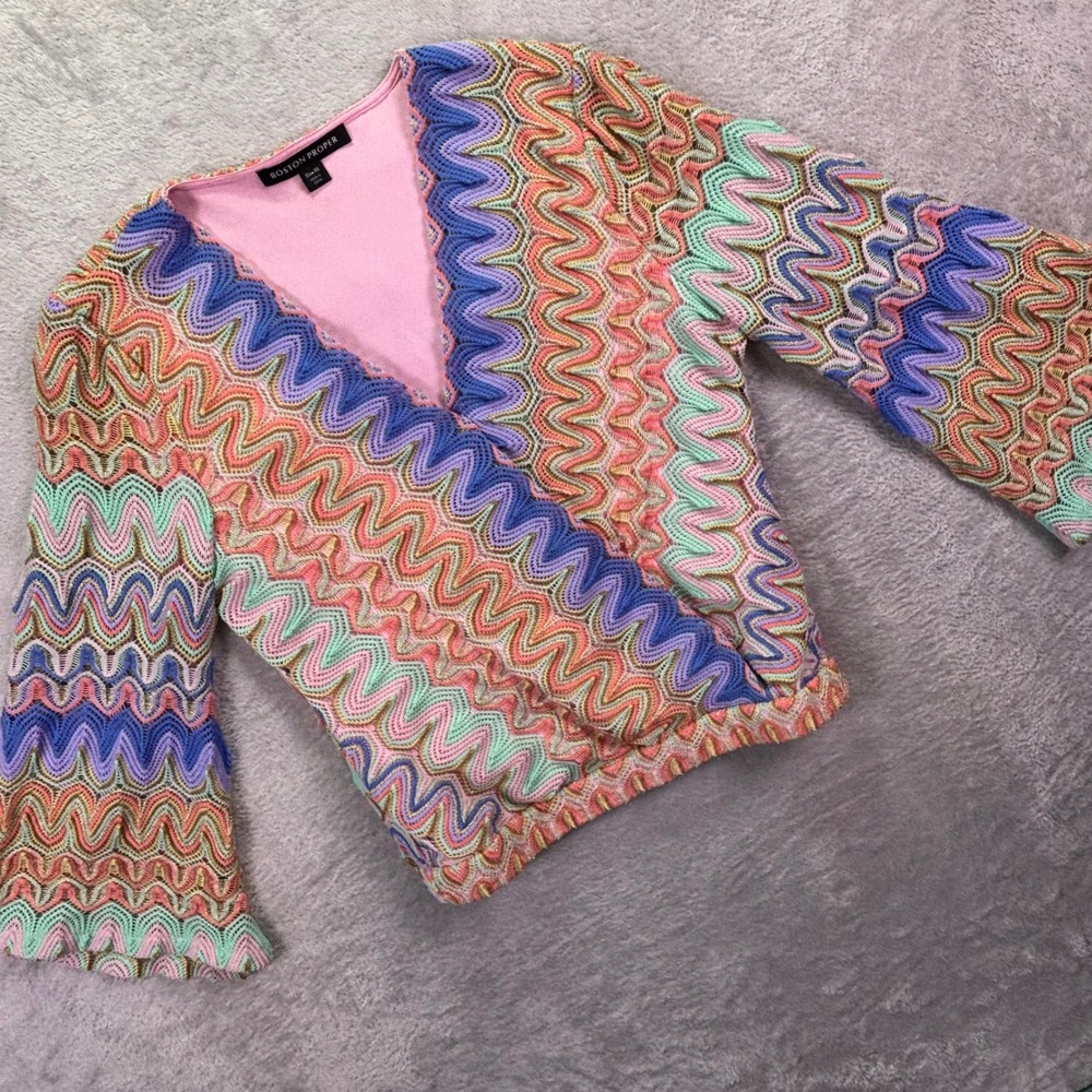 Boston Proper Womens Top Sz XS Multicolor Zigzag Crochet Bell Sleeve Faux Wrap